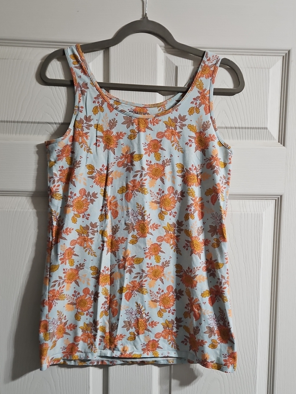 Duluth Trading Co Light Blue Tank with Orange Floral Print
